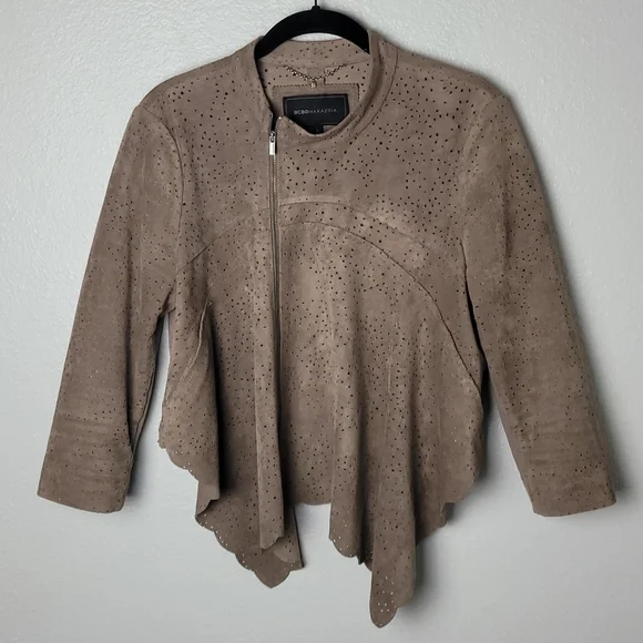 BCBGMaxAzria Faux Suede Jacket Moto Style Perforated Hi Lo Scalloped Front Hem - Picture 2 of 13